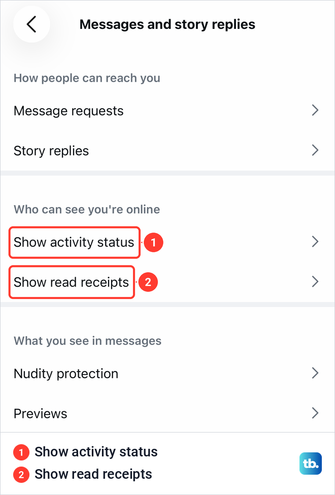 Instagram Messages and story replies screen with Show activity status and Show read receipts under Who can see you're online.