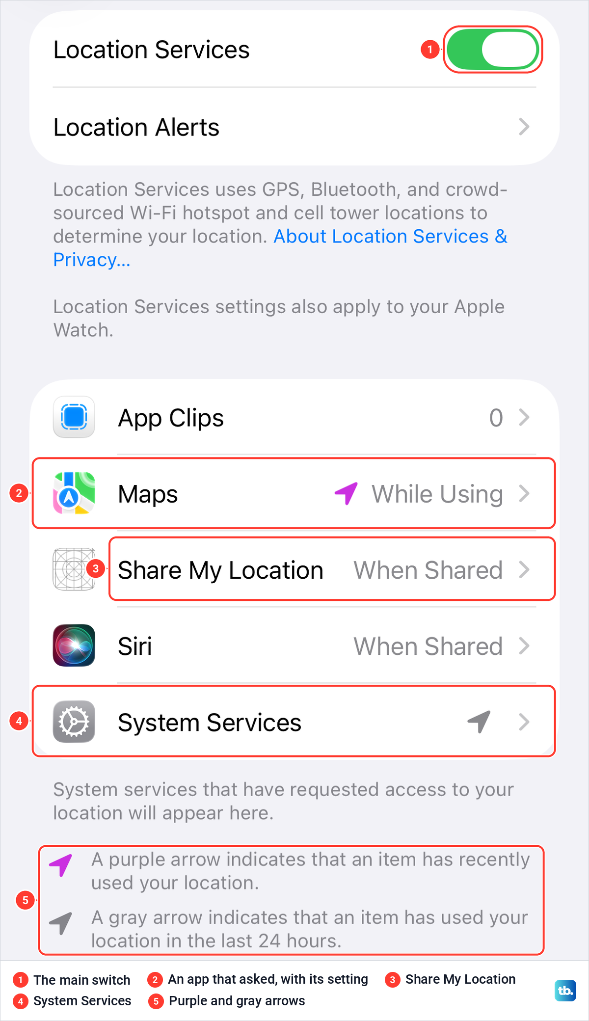 iPhone Location Services screen switched on, listing Maps, Share My Location, Siri and System Services.
