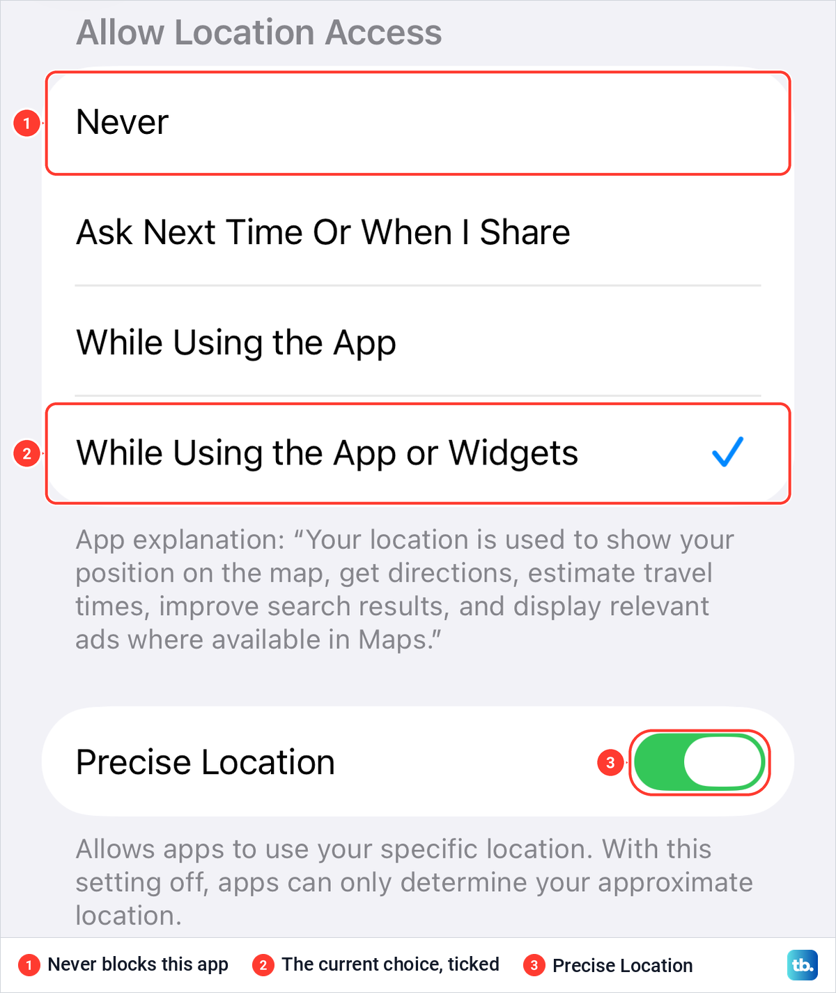The Maps location page on iPhone with Never, Ask Next Time, While Using options and the Precise Location switch.