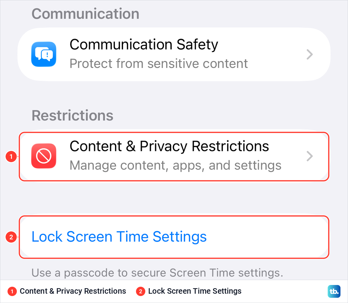 iPhone Screen Time settings showing Content and Privacy Restrictions and Lock Screen Time Settings.