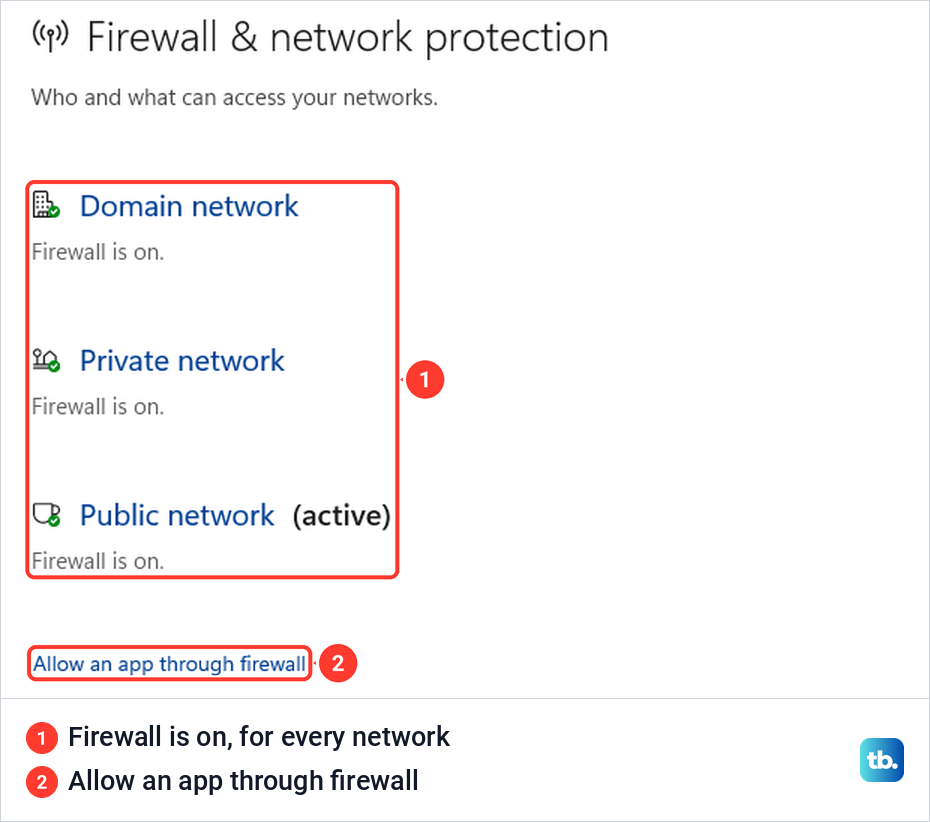 Firewall and network protection page showing Firewall is on for the domain, private and public networks.