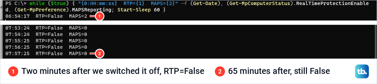 Terminal lines reading RTP=False two minutes and 65 minutes after real-time protection was switched off.