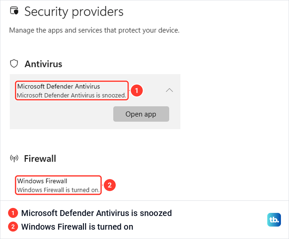 Windows Security Security providers page saying Microsoft Defender Antivirus is snoozed and Windows Firewall is on.