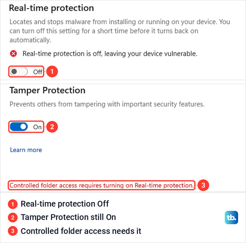 Real-time protection switched off while the Tamper Protection switch further down the same page is still on.