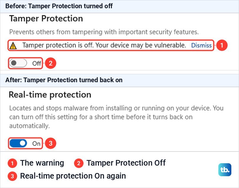 Tamper Protection switched off with its warning, then Real-time protection on again after Tamper Protection was turned back on.