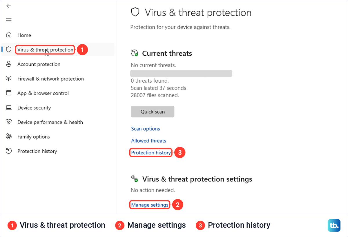 Windows Security on the Virus and threat protection page with the Manage settings and Protection history links marked.