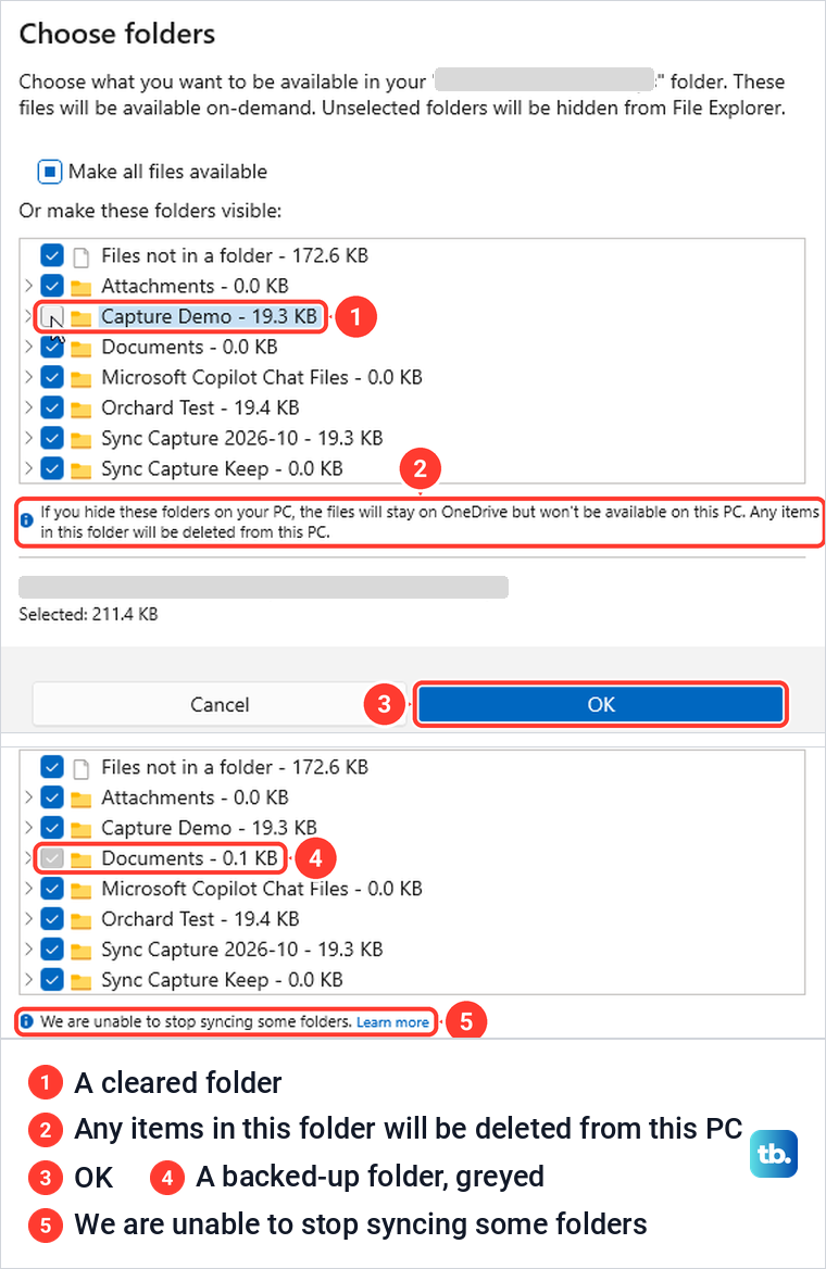 OneDrive Choose folders window with one folder cleared and its warning note.
