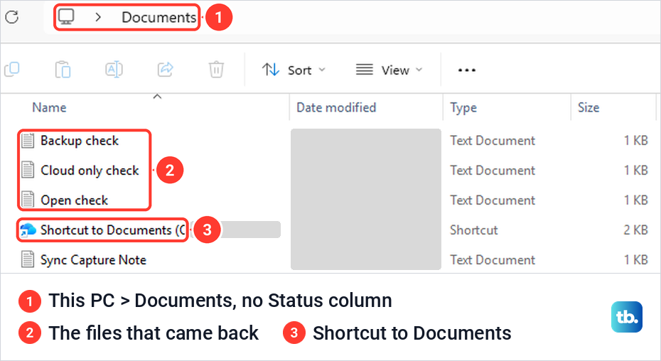 File Explorer showing the PC's own Documents folder after OneDrive backup was stopped.