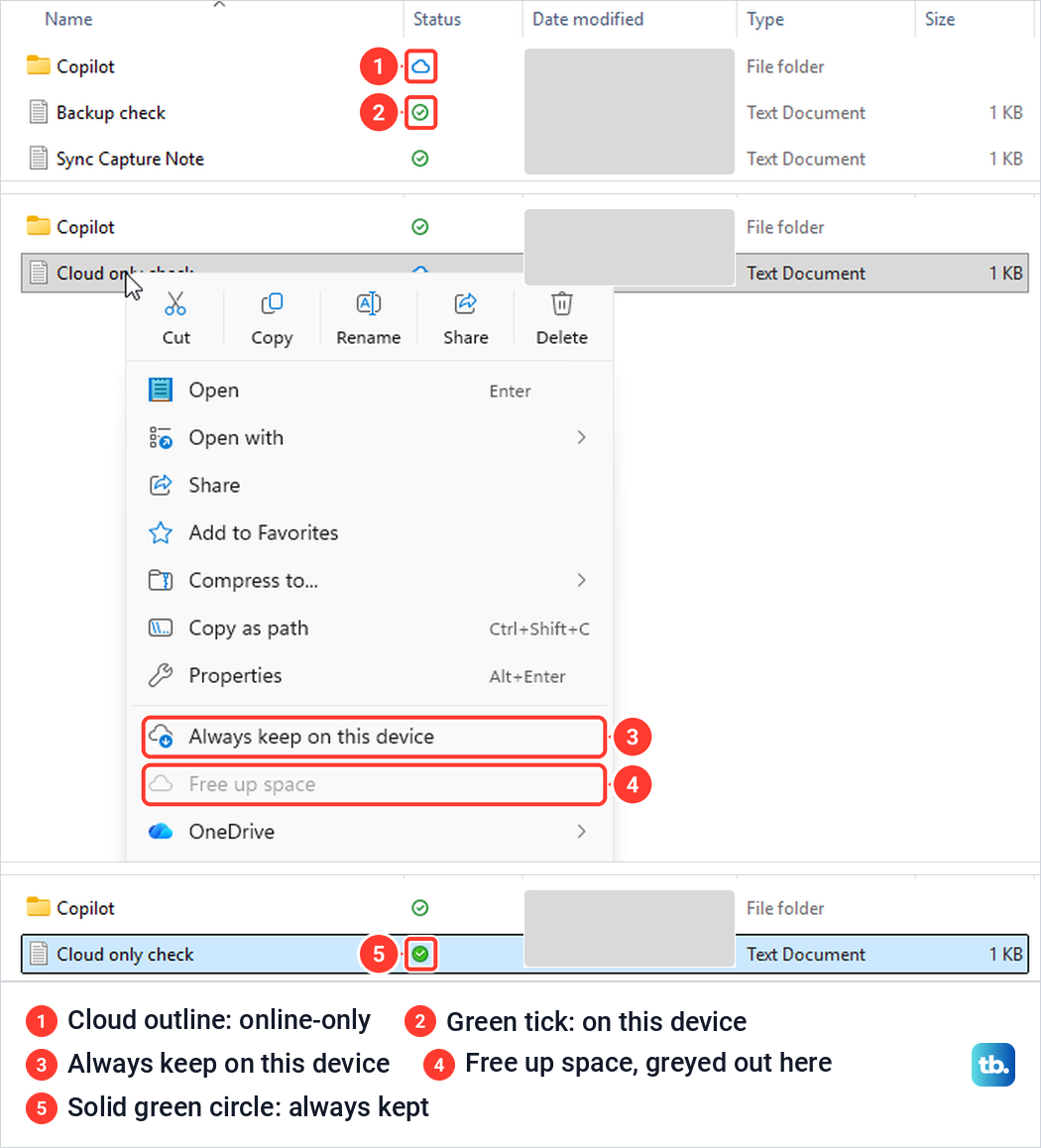 File Explorer Status column icons and the right-click Always keep on this device option.