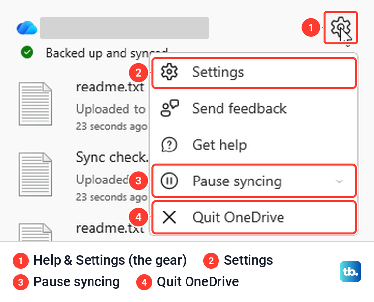 OneDrive flyout with the Help and Settings menu open, showing Pause syncing and Quit OneDrive.