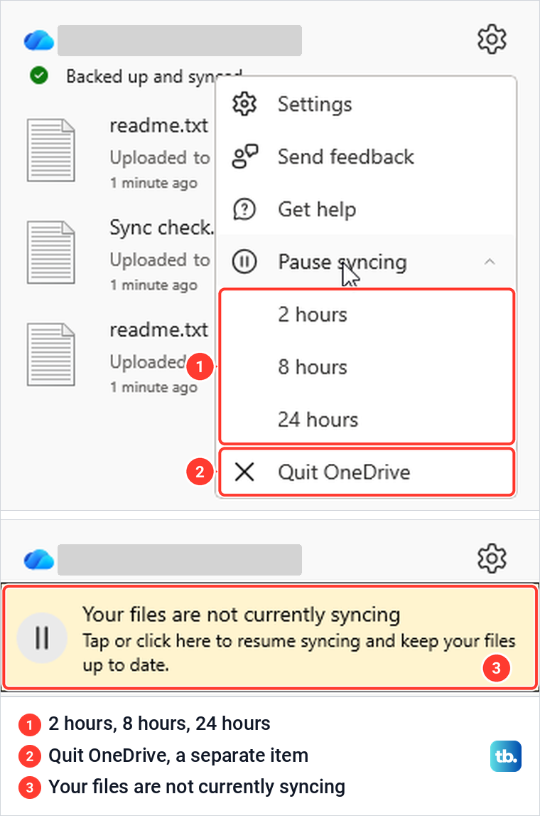OneDrive Pause syncing expanded to 2, 8 and 24 hours, then the yellow paused bar.