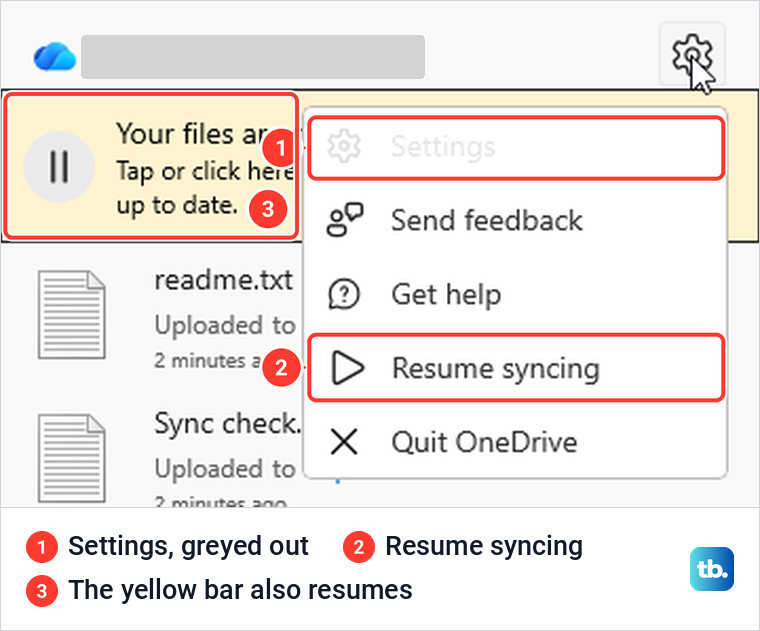 OneDrive gear menu while paused, with Settings greyed out and Resume syncing.