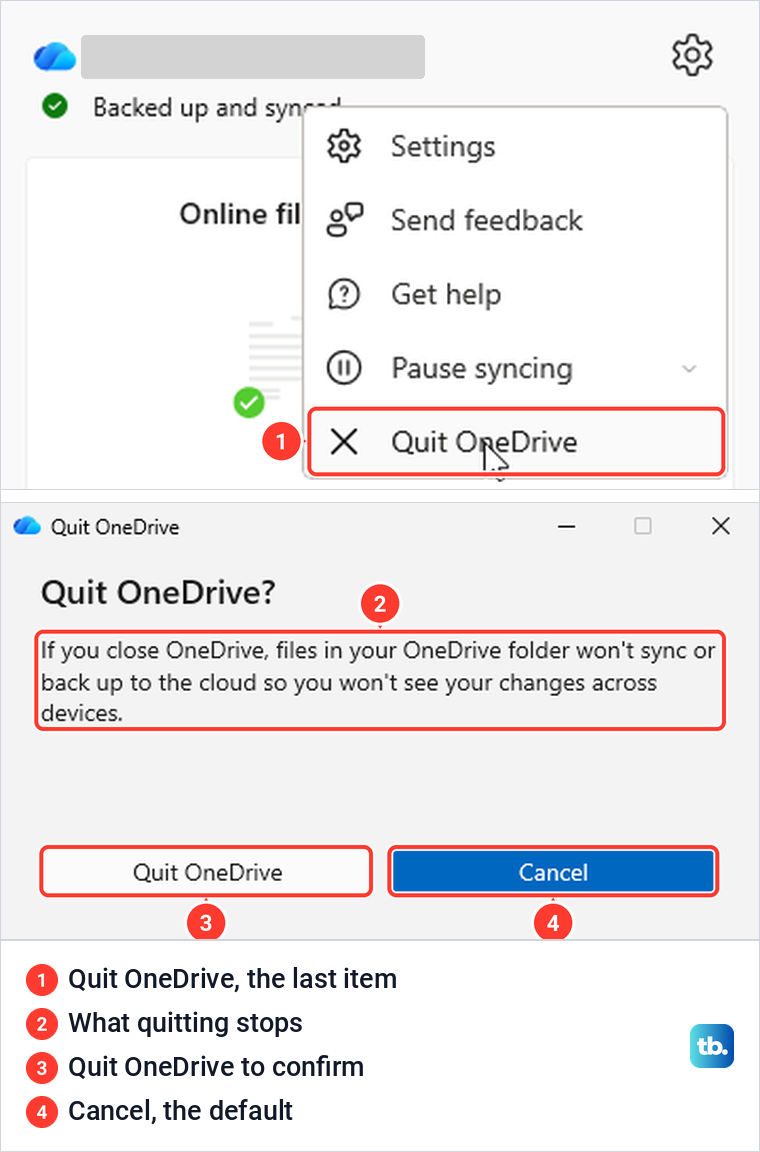 OneDrive menu with Quit OneDrive selected, then the Quit OneDrive confirmation box.