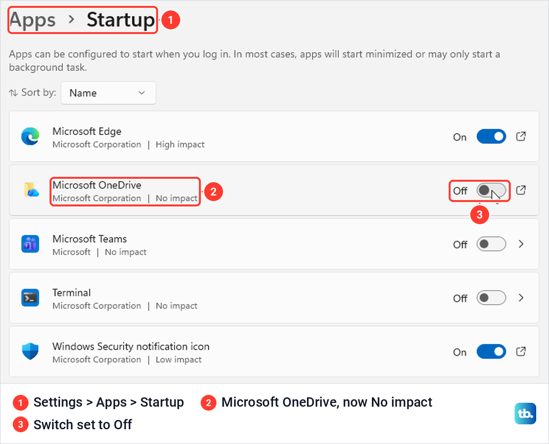 Windows 11 Settings Apps Startup page with the Microsoft OneDrive switch turned off.