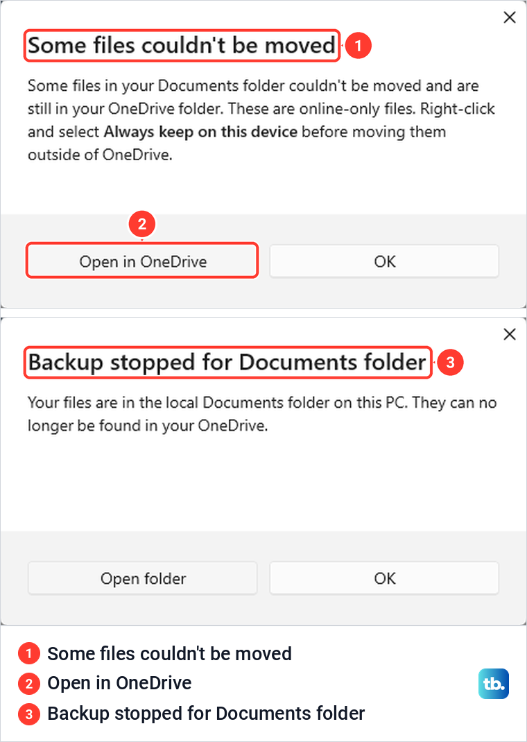 OneDrive messages Some files couldn't be moved and Backup stopped for Documents folder.