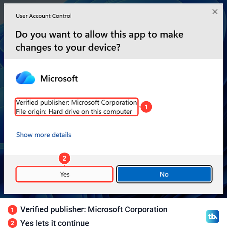 User Account Control prompt for the OneDrive uninstall naming Microsoft Corporation as verified publisher.