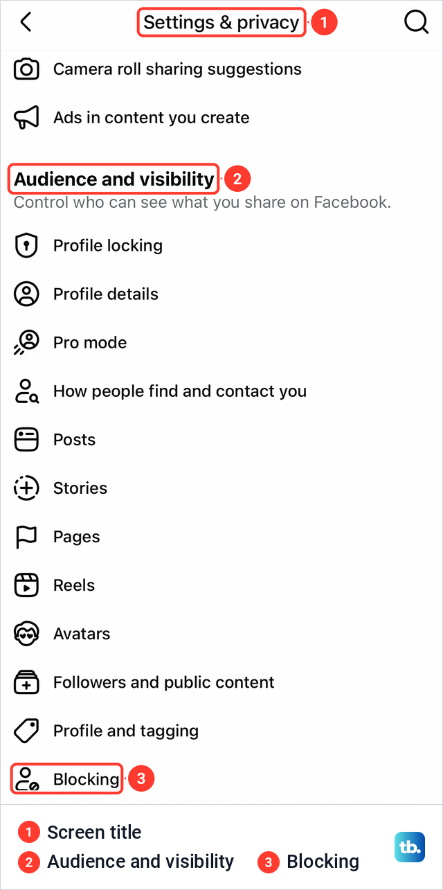 The Facebook app's Settings and privacy screen scrolled to Audience and visibility, with Blocking as the last row.