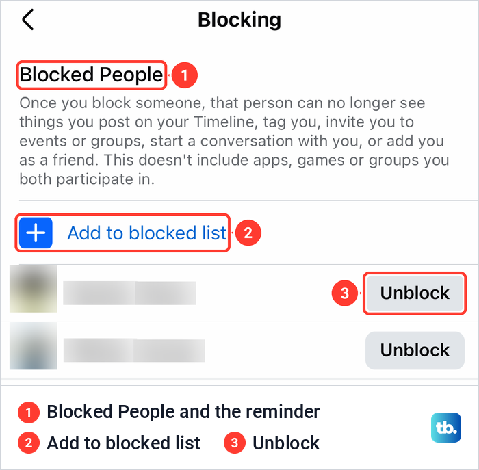 The Facebook app's Blocking screen with Facebook's explainer, Add to blocked list and Unblock buttons.