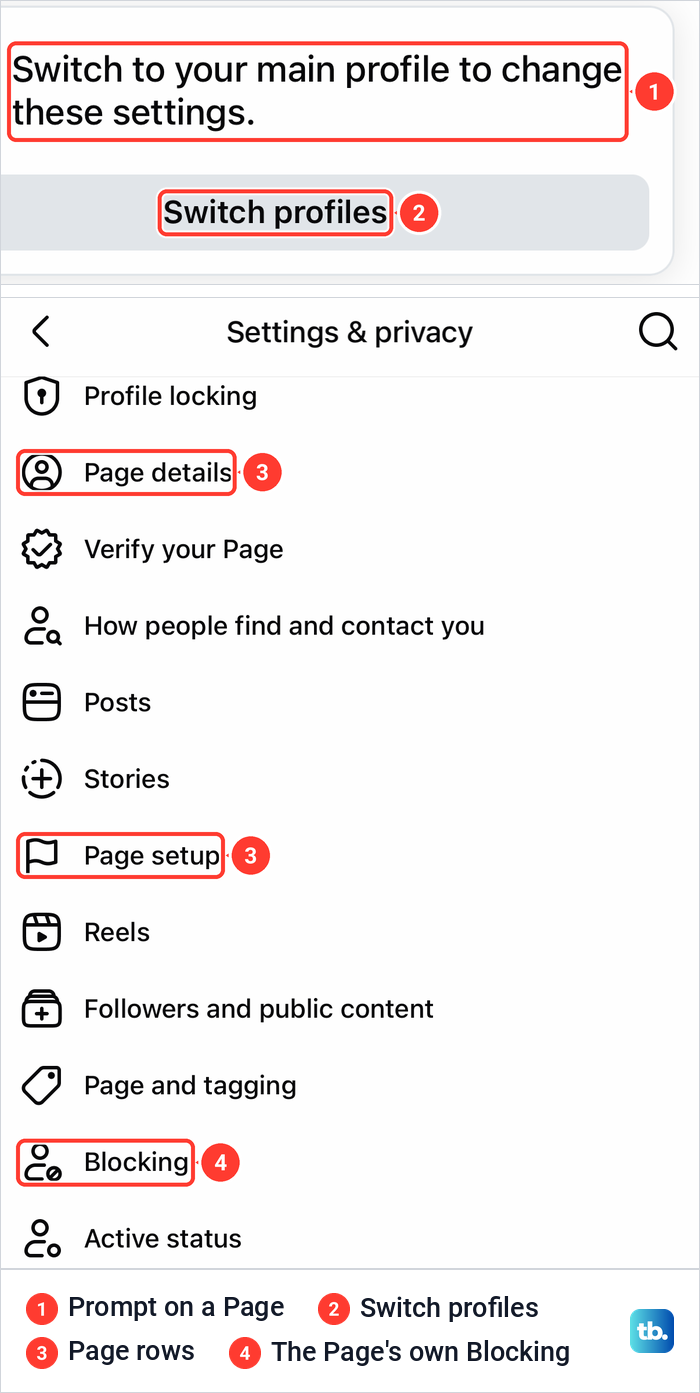 Facebook app settings while acting as a Page, with the switch profiles prompt and the Page's own Blocking row.