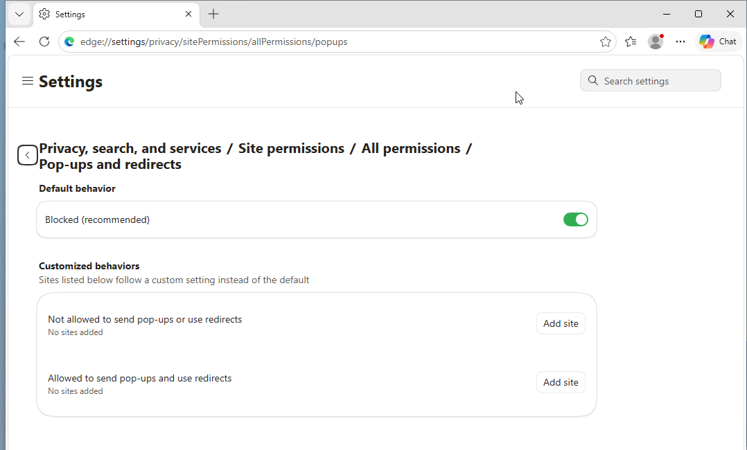Microsoft Edge Pop-ups and redirects settings with Blocked (recommended) and the Not allowed and Allowed lists