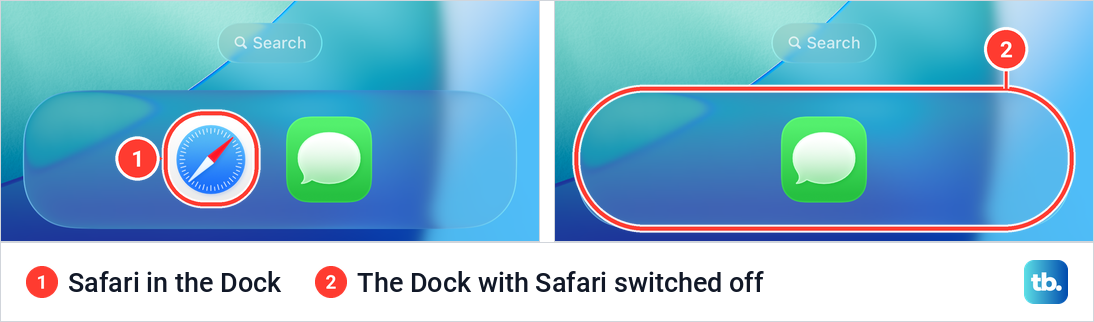 The iPhone Dock with Safari and Messages, and the same Dock with only Messages after Safari was switched off.