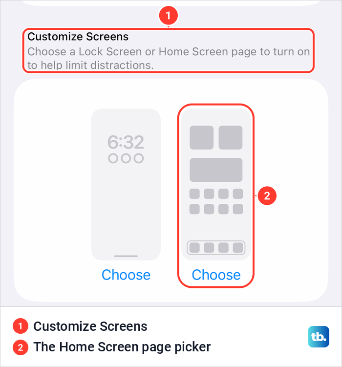 The iPhone Do Not Disturb settings with the Customize Screens section and the Home Screen Choose button.