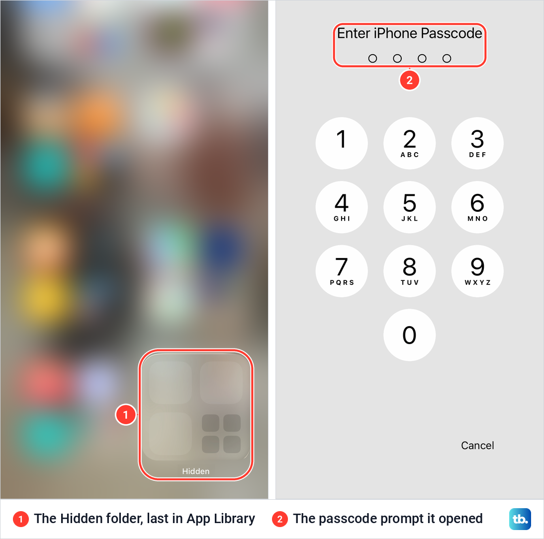 The bottom of iPhone App Library with the Hidden folder, next to the Enter iPhone Passcode keypad it opened.