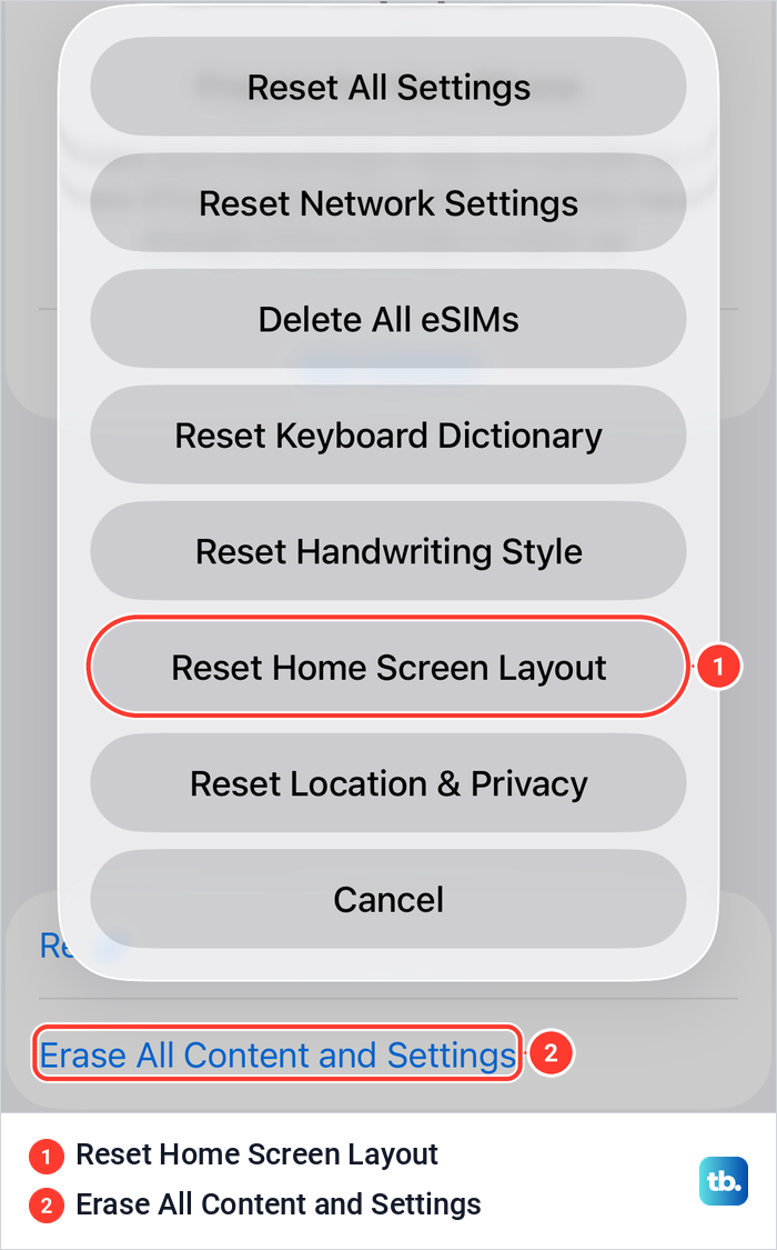 The iPhone Reset sheet with Reset Home Screen Layout marked and Erase All Content and Settings on the page behind it.