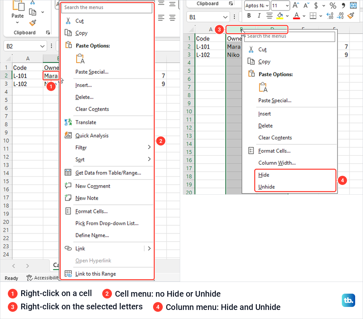 Excel right-click menu for a cell next to the right-click menu for selected column letters.