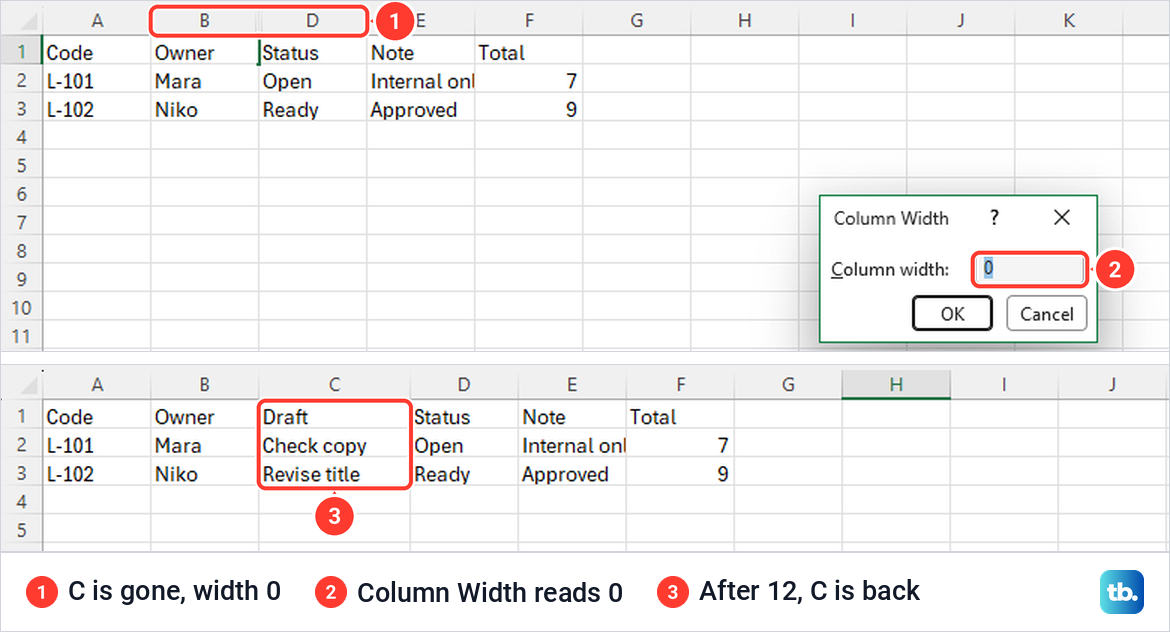 Excel Column Width dialog reading 0 for a hidden column C, then C visible again.