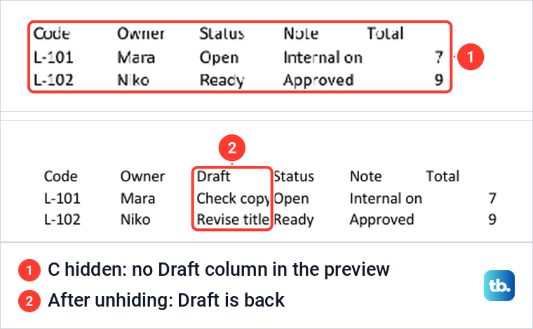 Excel for the web print preview without the hidden Draft column, then with it restored.