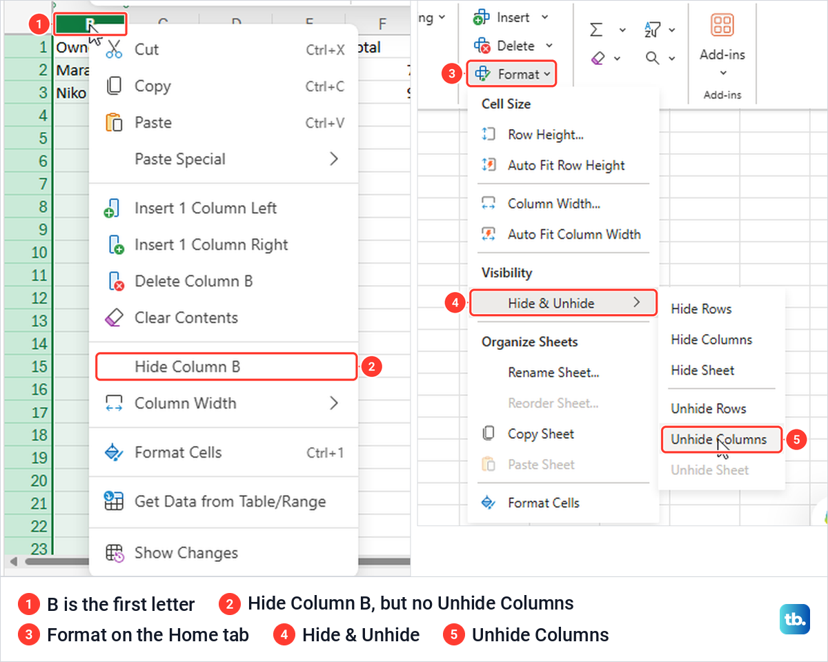 Excel for the web column B menu without Unhide Columns, next to the Home tab Format menu.