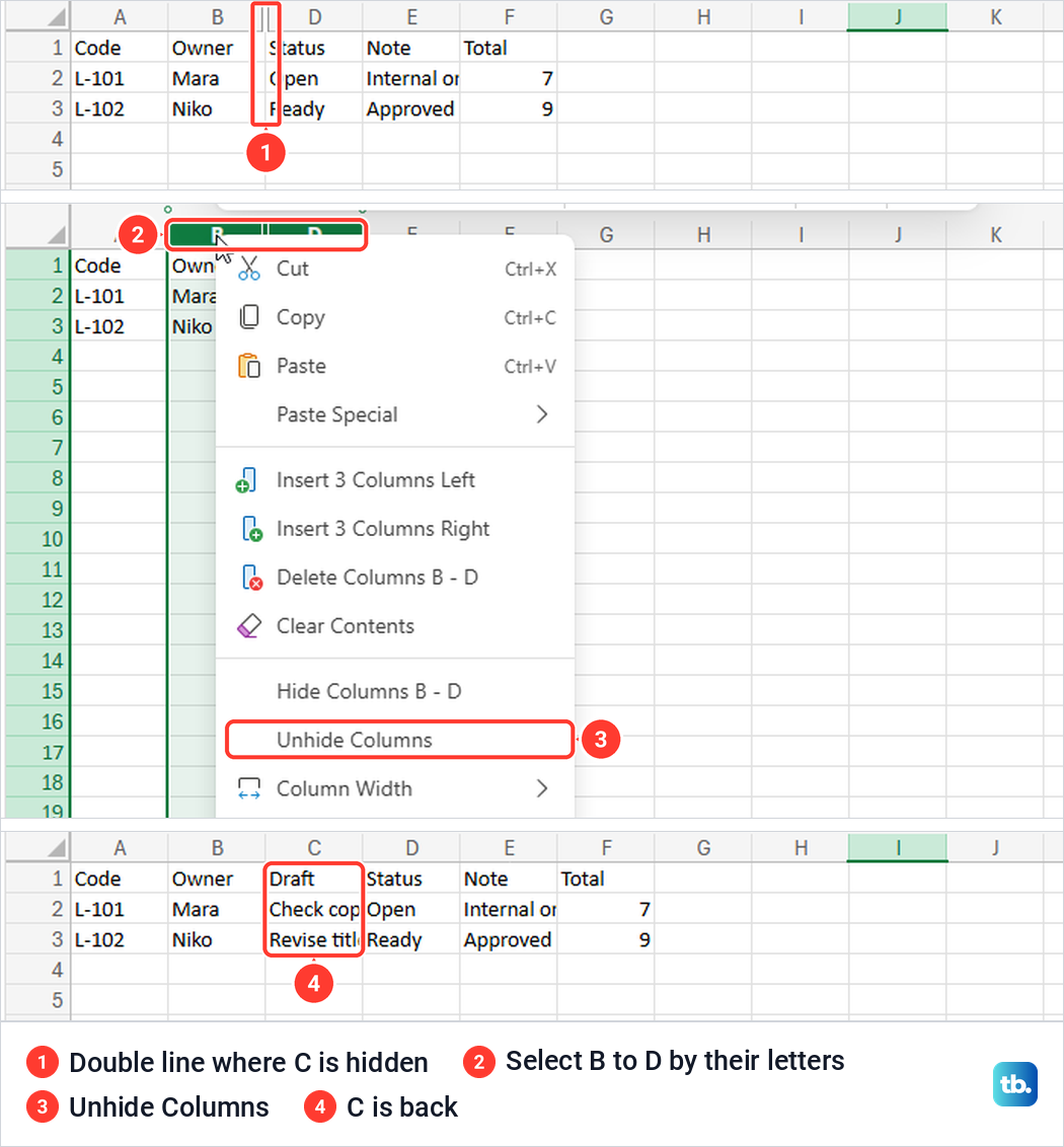 Excel for the web showing a double line for hidden column C and the Unhide Columns menu item.
