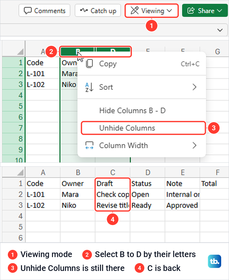 Excel for the web in Viewing mode with Unhide Columns still offered on the column letters.