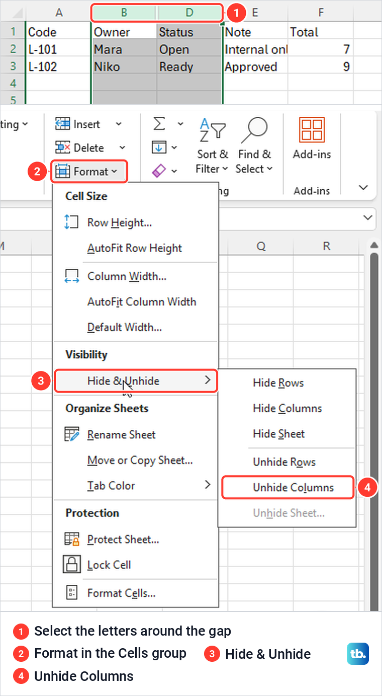Excel Home tab Format menu open at Hide and Unhide with Unhide Columns highlighted.