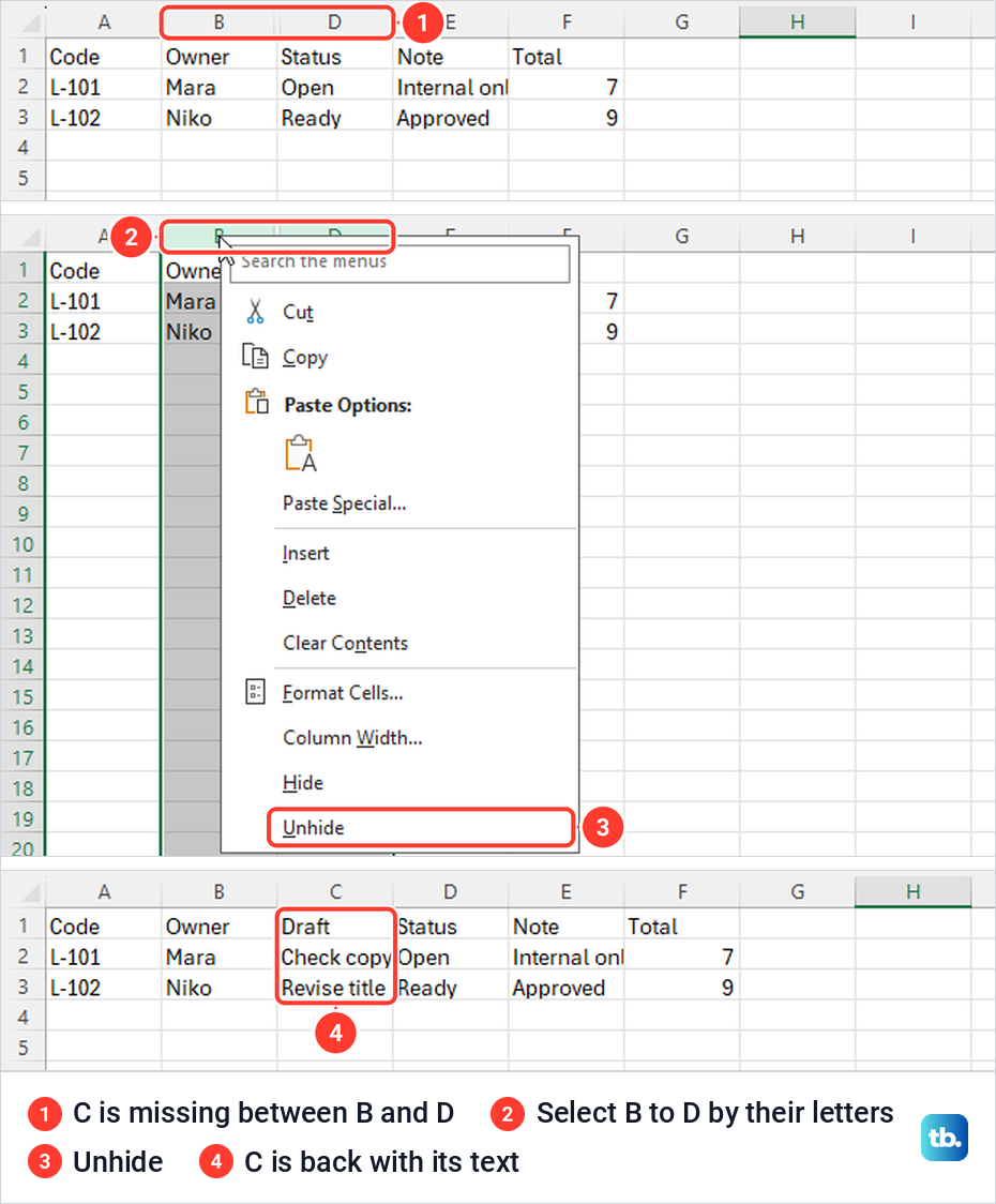 Excel sheet with column C hidden, the column letter right-click menu with Unhide, and C restored.