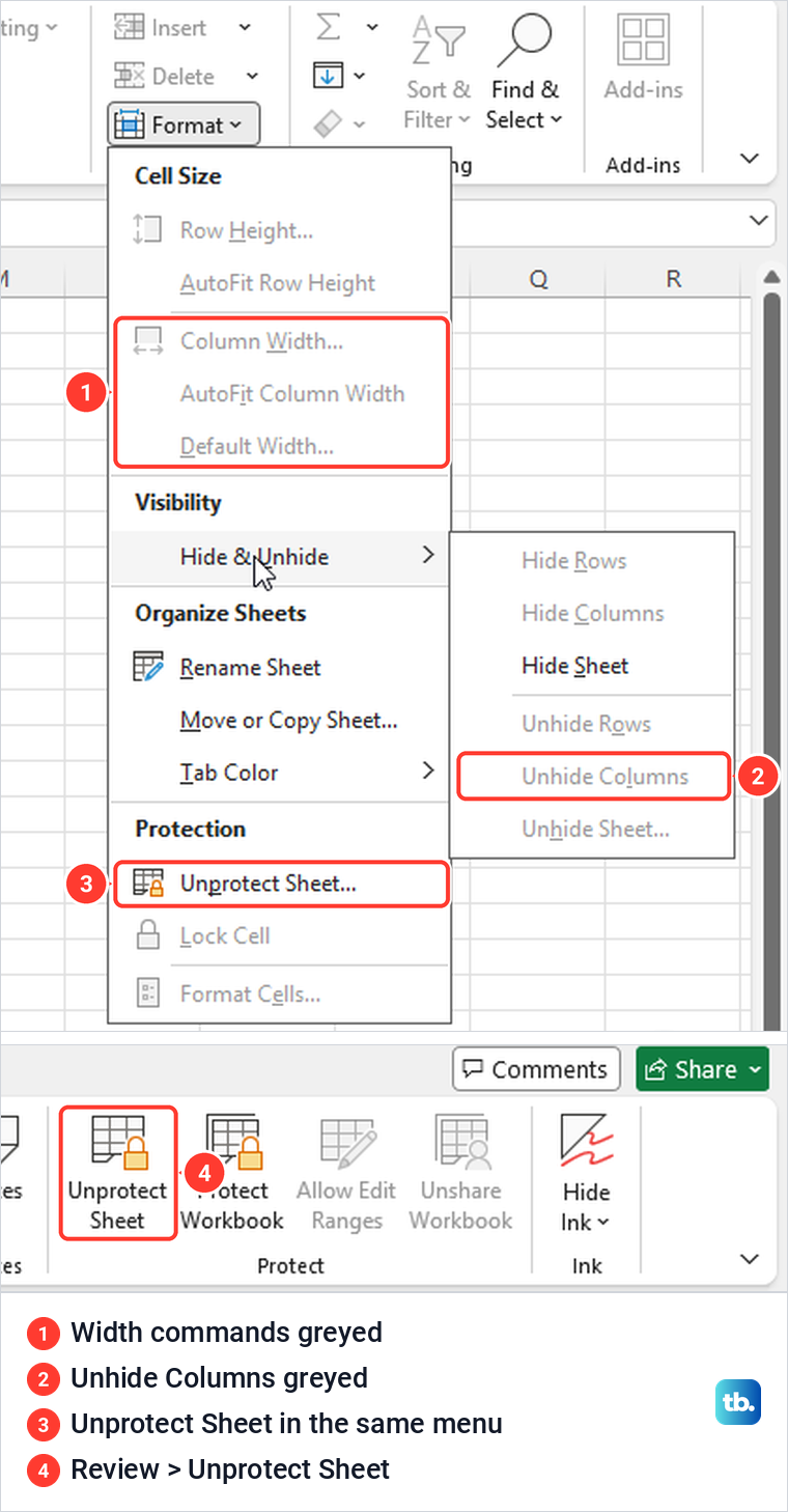 Excel Format menu with Unhide Columns greyed out on a protected sheet, and the Review tab.