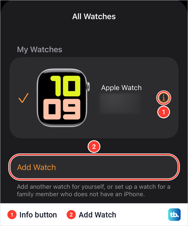 The All Watches sheet listing a paired Apple Watch with an orange info button and an Add Watch button.