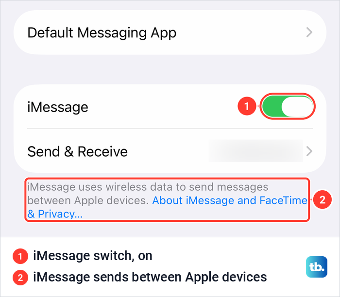 iPhone Messages settings with the iMessage switch turned on and Send and Receive below it.
