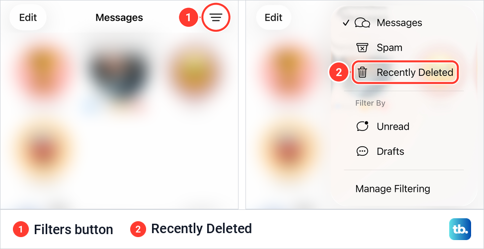 iPhone Messages conversation list with the filters button and the menu that holds Recently Deleted.
