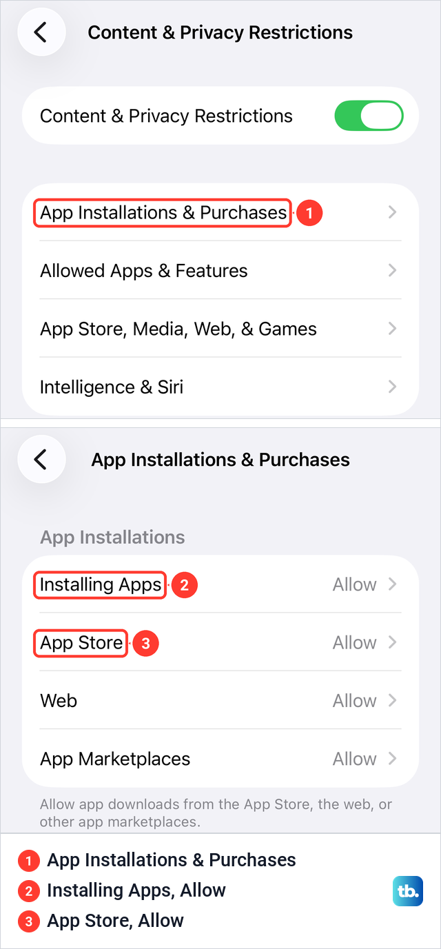 iPhone Content and Privacy Restrictions with App Installations and Purchases, Installing Apps and App Store set to Allow.