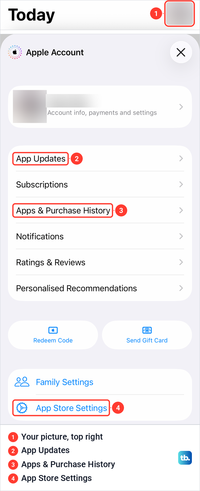 The iPhone App Store account picture at the top right and the Apple Account sheet with App Updates as the first row.