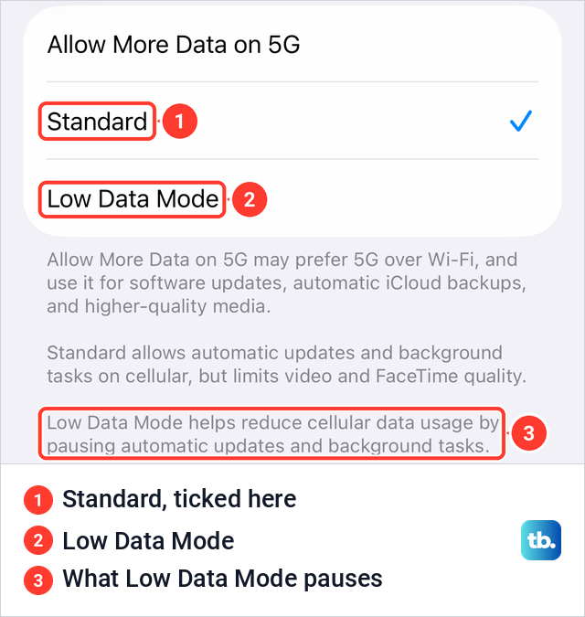 iPhone cellular Data Mode page with Standard ticked, the Low Data Mode option and its description.
