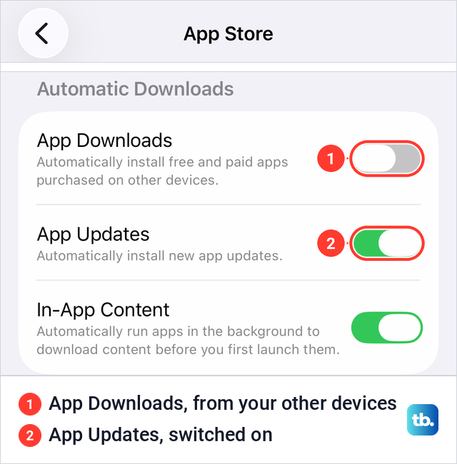 iPhone Settings, Apps, App Store page with the Automatic Downloads group and the App Updates switch turned on.