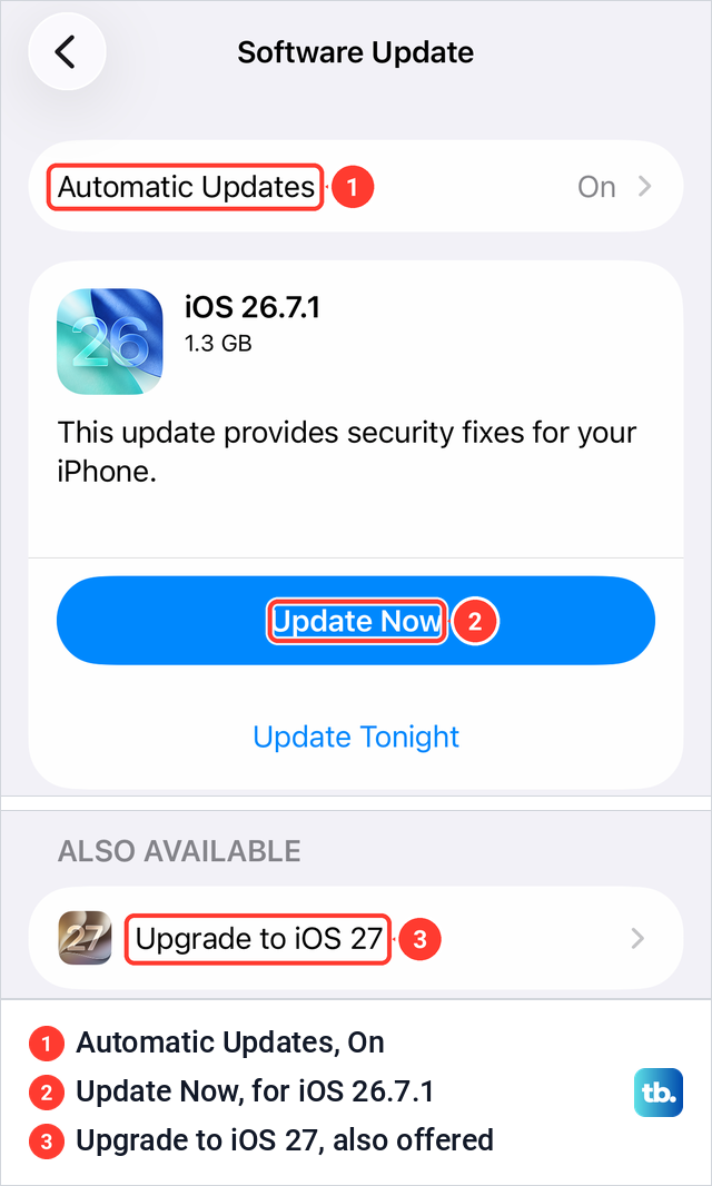 iPhone Software Update page with Automatic Updates On, Update Now for iOS 26.7.1 and Upgrade to iOS 27 offered.