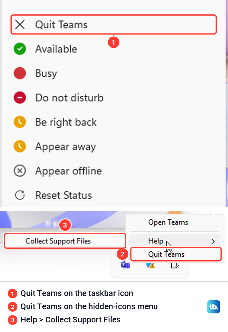 Teams taskbar menu and hidden-icons menu, each with a Quit Teams item and no update item.