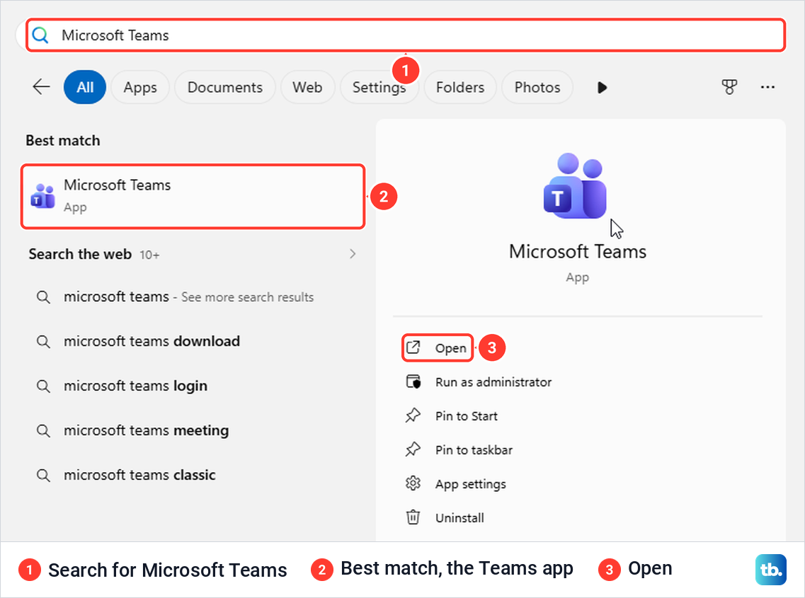 Windows 11 Start search for Microsoft Teams with the Teams app as the best match.