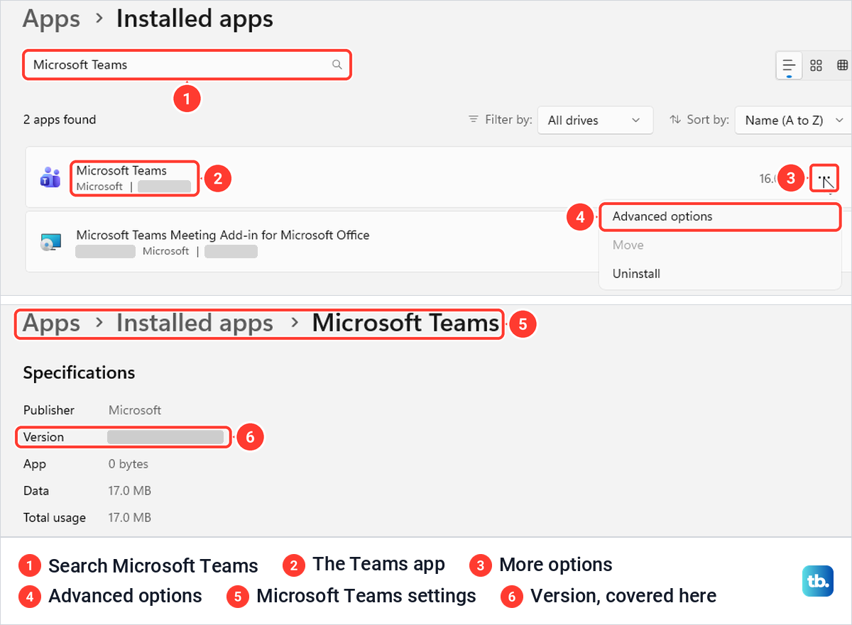 Windows 11 Installed apps showing Microsoft Teams, its Advanced options menu item and the Version line.
