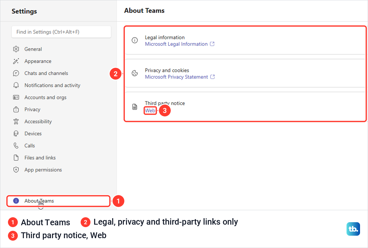 Teams on the web About Teams page with legal, privacy and third party notice links only.