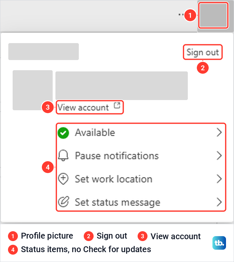 Teams on the web account menu with Sign out, View account and status items, without Check for updates.